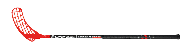 Супер клюшка для флорбола Unihoc Sonic Composite, жёсткость 29мм, ярко чёрно-красная, вид с обратной стороны (арт. 21625) Клюшка для флорбола Unihoc SONIC Composite 29mm black/red 100cm, вид с обратной стороны